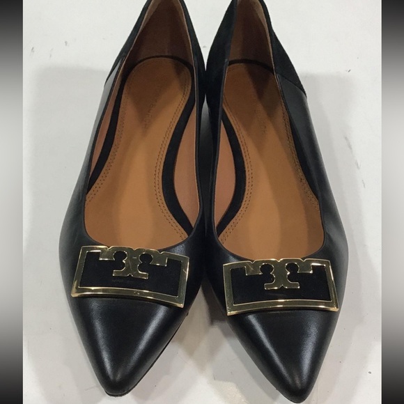 Women’s Tory Burch Elegant Black Leather Flats with Gold Accent Size 7.5M - Picture 1 of 6